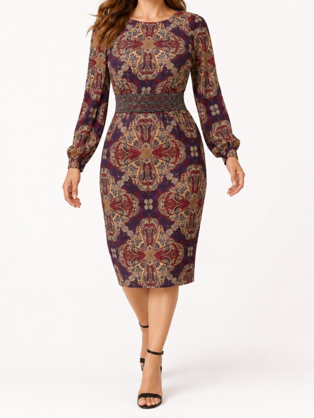 Chico's Geometric Medallion Long Sleeve Corpcore Luxe Knit Midi Dress [size XL]